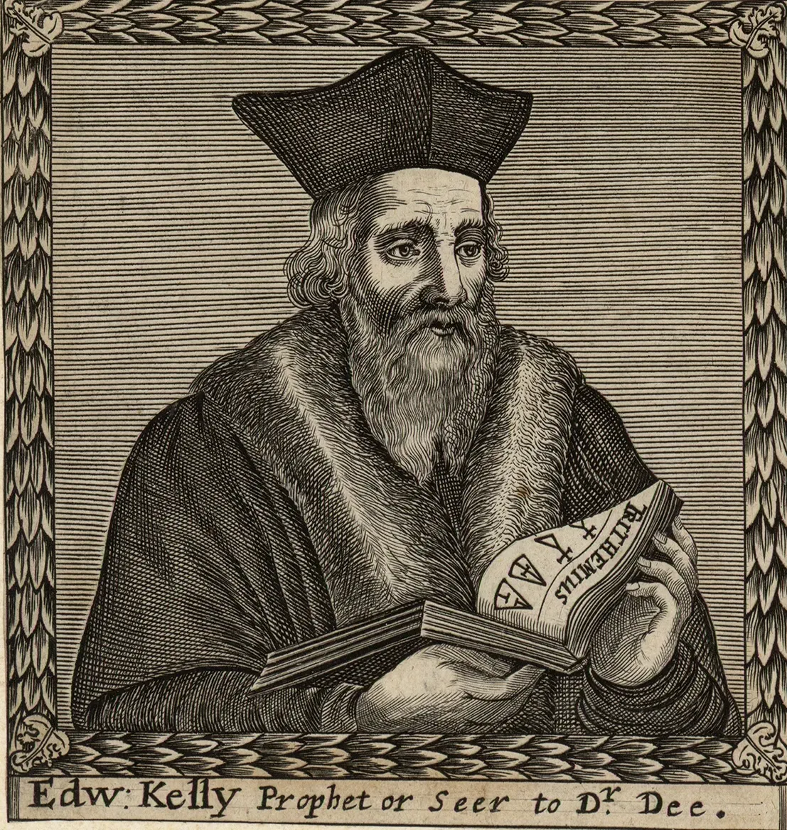 Engraving of Edward Kelley, scryer and medium to John Dee, holding an open book, with the inscription 