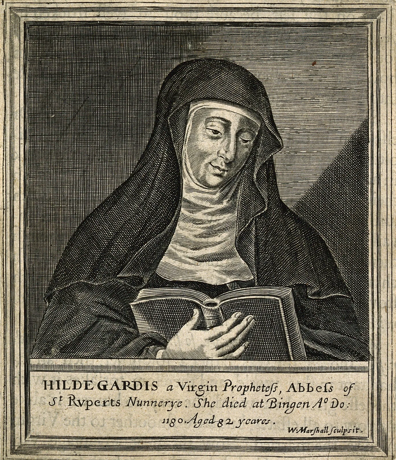 Portrait engraving of Hildegard of Bingen, the twelfth-century German abbess, mystic, composer and visionary, by W. Marshall.
