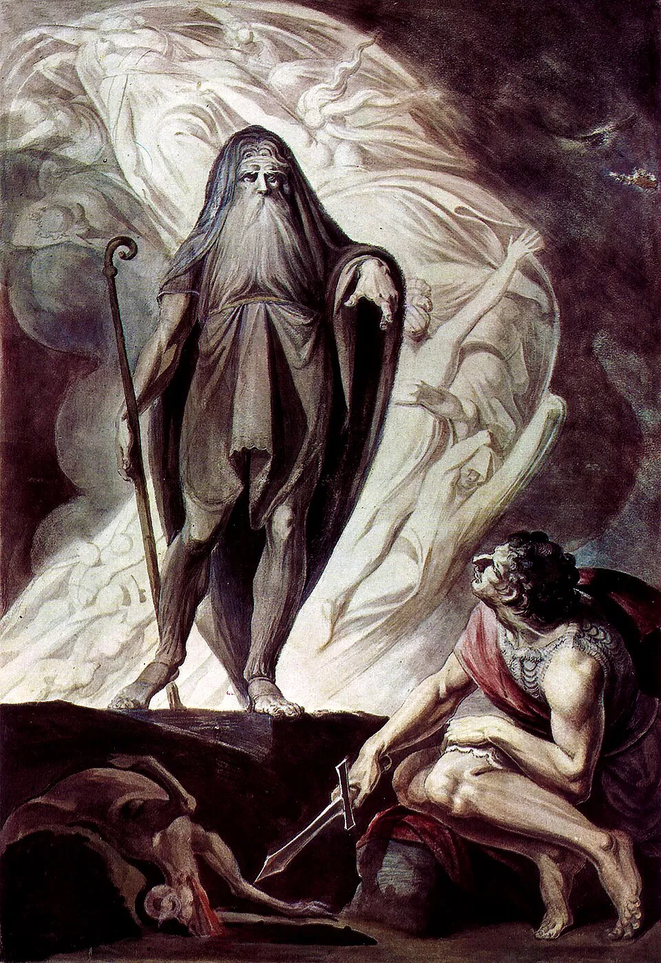 Tiresias the blind prophet stands over Odysseus in the Greek underworld, staff in hand, surrounded by the shades of the dead