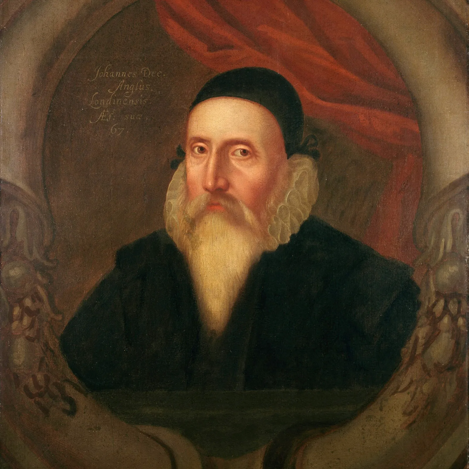 Portrait of John Dee, English mathematician and astrologer, aged 67, in black robes with white ruff collar, painted c.1594