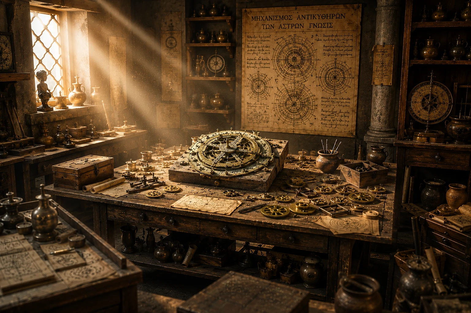Antikythera mechanism replica with bronze gears, ancient Greek amphora and star charts, Mediterranean shipwreck at sunset