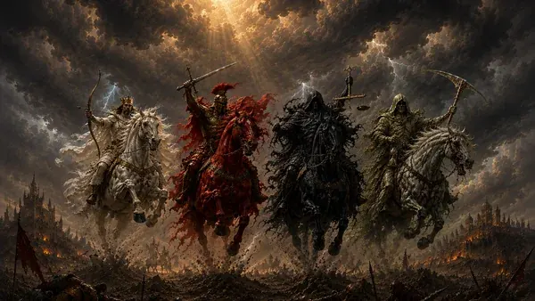 The Four Horsemen of the Apocalypse from the Book of Revelation riding through a stormy sky, bow, sword, scales and scythe visible