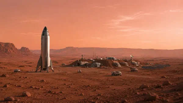 Starship spacecraft on the Martian surface at Arcadia Planitia, crew habitat and radiation shielding visible