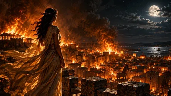 Cassandra myth: a Trojan princess watches Troy burn, the Trojan Horse visible below and a full moon overhead