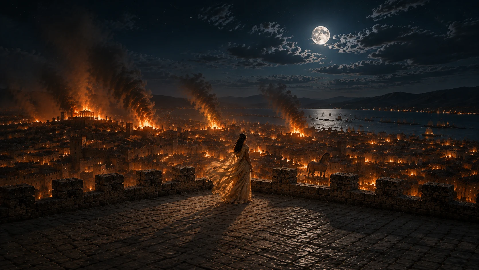 Cassandra myth: a Trojan princess watches Troy burn, the Trojan Horse visible below and a full moon overhead