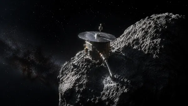 A small robotic spacecraft attempting to actually mine asteroids, anchored to a metallic surface with drilling equipment extended, deep space beyond