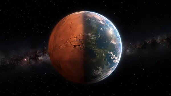 Could we terraform Mars: half barren red desert, half transformed with clouds and water, split by a terminator line.