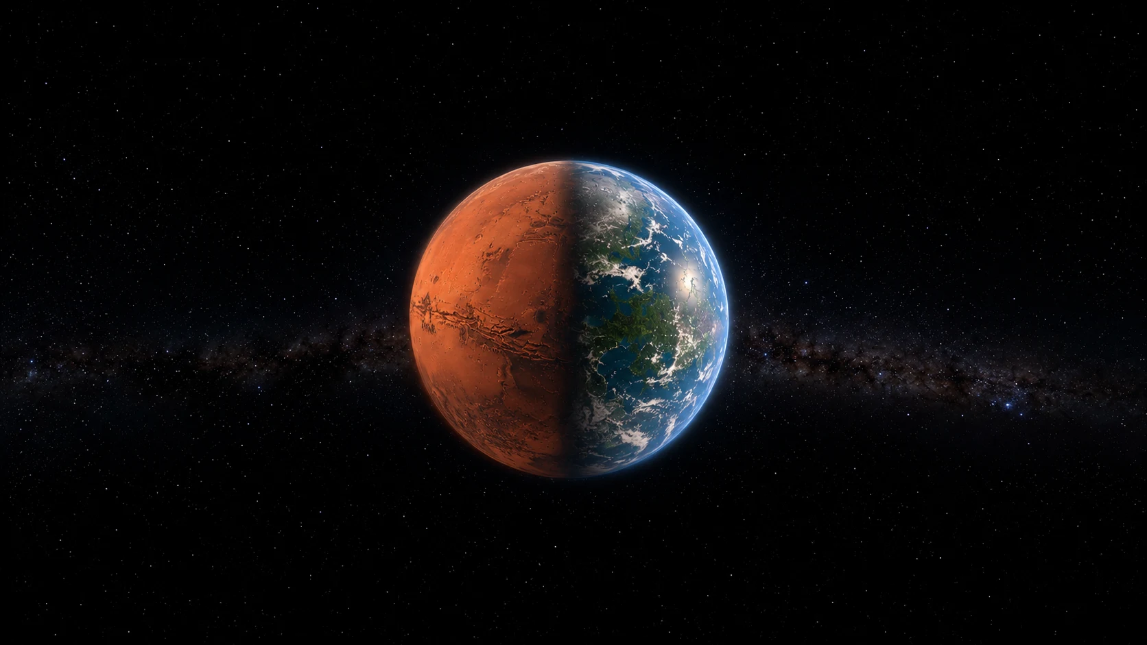 Could we terraform Mars: half barren red desert, half transformed with clouds and water, split by a terminator line.