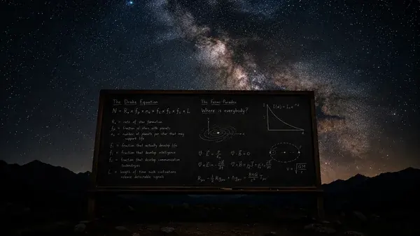 The Drake Equation formula and Fermi Paradox on a blackboard beneath a Milky Way night sky searching for extraterrestrial life