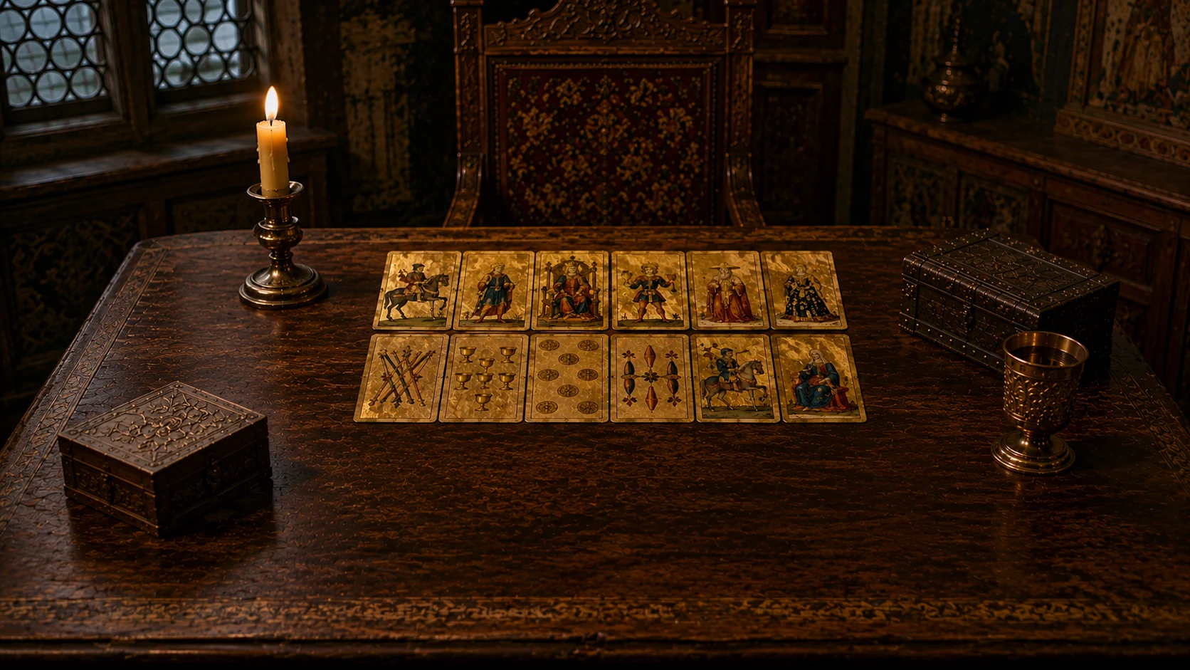 History of tarot cards: gilded Visconti-Sforza style deck laid out on a Renaissance writing desk
