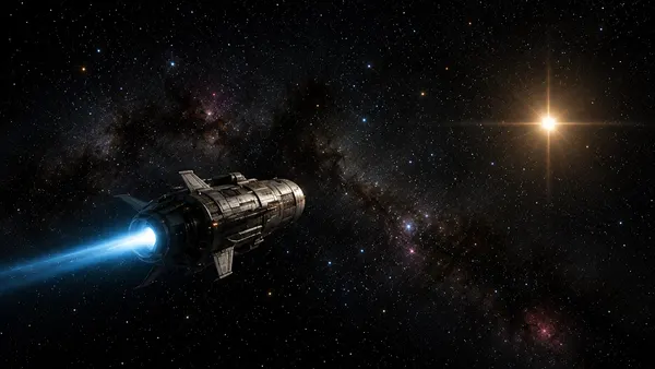 Small spacecraft dwarfed by an immense starfield, travelling towards a single bright distant star