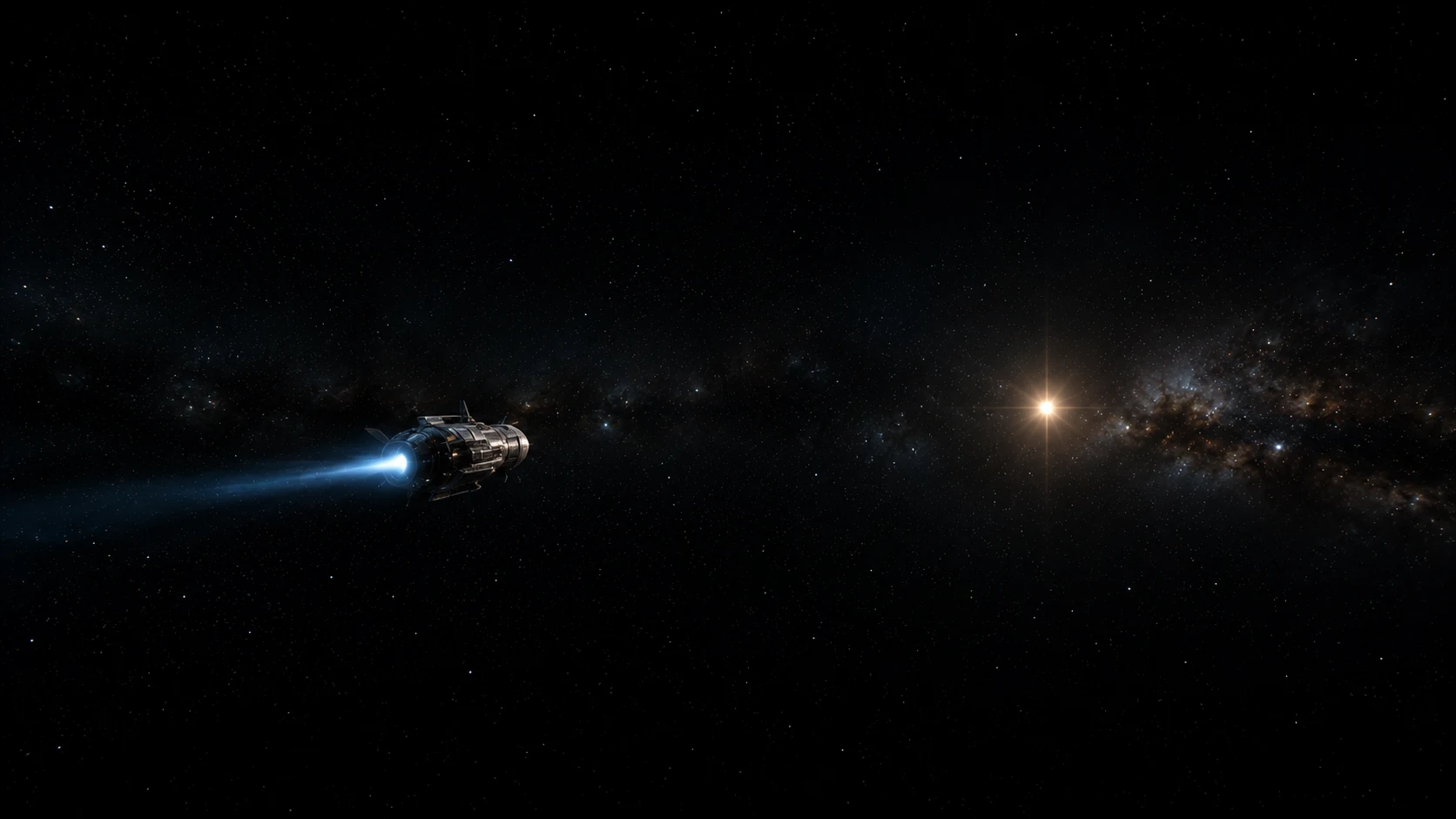 Small spacecraft dwarfed by an immense starfield, travelling towards a single bright distant star
