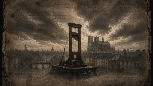 Old handwritten prophetic verse overlaid with the faint silhouette of a guillotine against a stormy Paris skyline