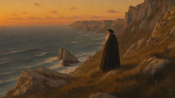 Nostradamus standing on a clifftop at sunset, the prophet behind whose quatrains readers have argued for five centuries