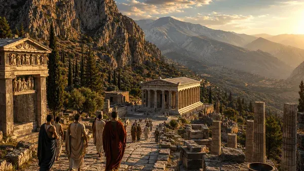 Oracle of Delphi sanctuary in ancient Greece, pilgrims approaching Apollo's temple beneath Mount Parnassus
