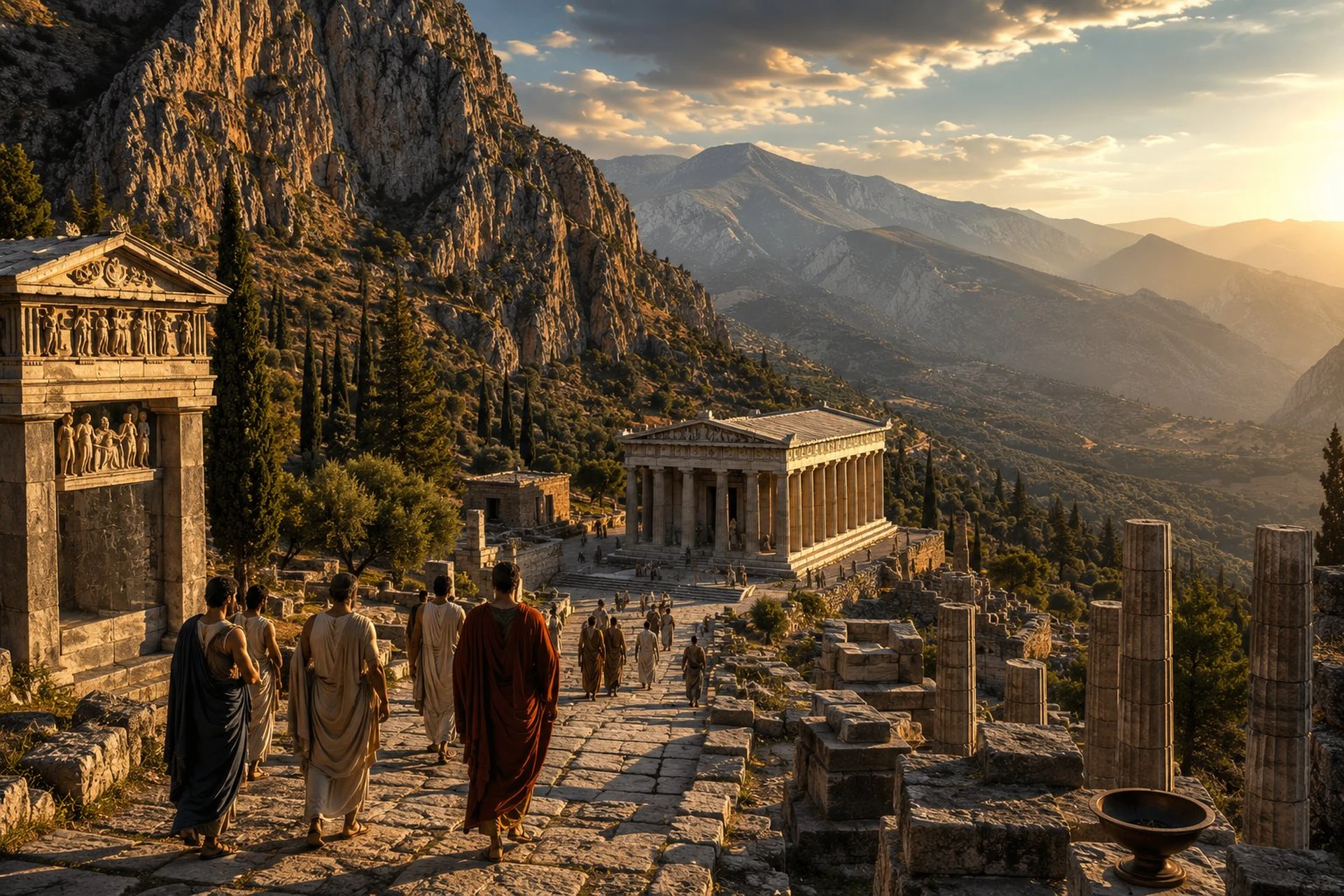 Oracle of Delphi sanctuary in ancient Greece, pilgrims approaching Apollo's temple beneath Mount Parnassus
