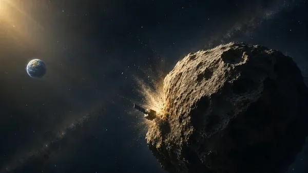 NASA DART spacecraft strikes asteroid Dimorphos in planetary defence test, debris cloud and Earth visible