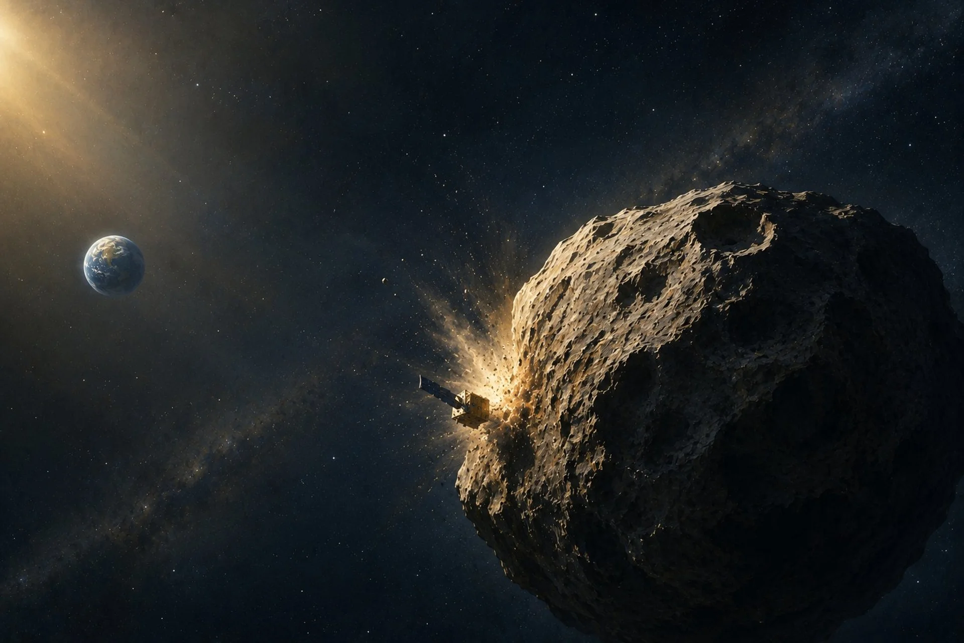 NASA DART spacecraft strikes asteroid Dimorphos in planetary defence test, debris cloud and Earth visible