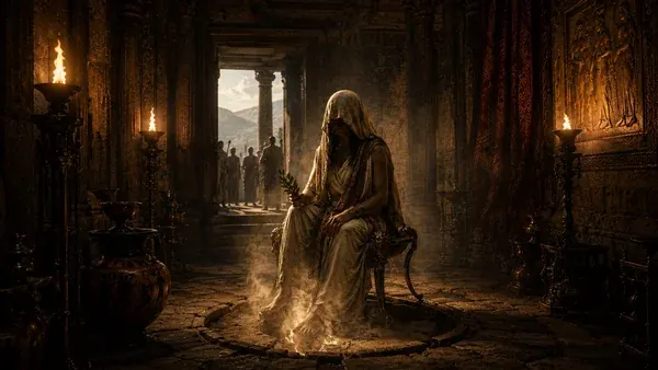 Pythia on the tripod in the adyton at Delphi, smoke rising beneath her, holding laurel, suppliants at the entrance