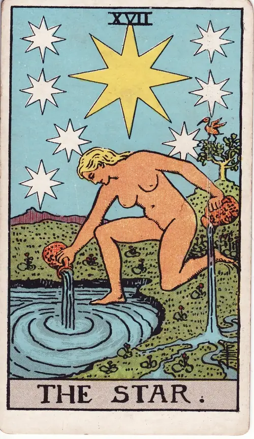 The Star tarot card from the 1909 Rider-Waite-Smith deck, showing a woman kneeling by water under a sky of stars