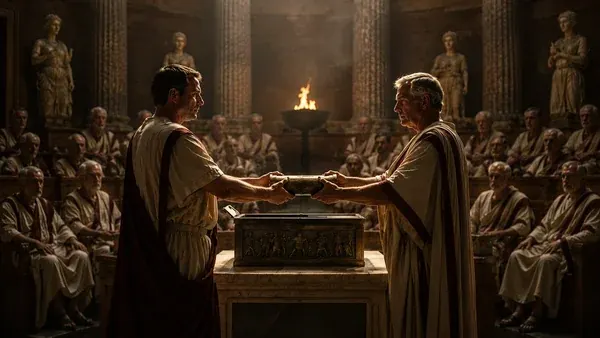 Roman priests in togas gathered around a stone chest in the Temple of Jupiter, consulting the Sibylline Books by torchlight