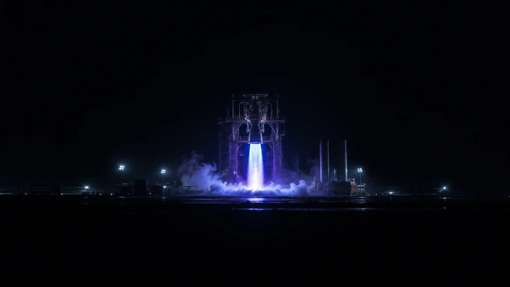 SpaceX Raptor engine nozzle glowing blue during a night static fire test