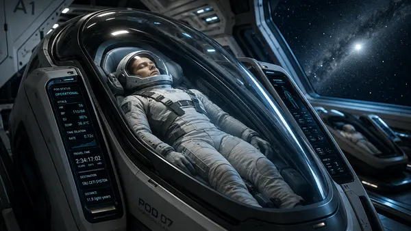 Astronaut in a glass-topped suspended animation pod aboard a spacecraft, with the Milky Way visible through a viewport during interstellar travel