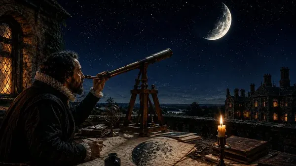 Thomas Harriot observing the moon through a telescope, lunar drawings on desk, Elizabethan astronomer 1609