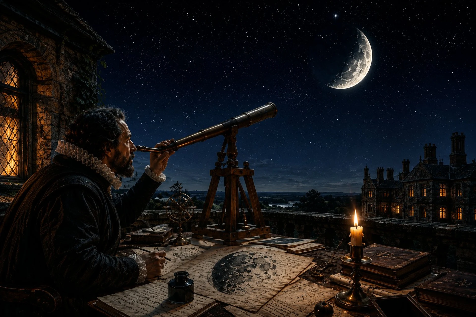 Thomas Harriot observing the moon through a telescope, lunar drawings on desk, Elizabethan astronomer 1609