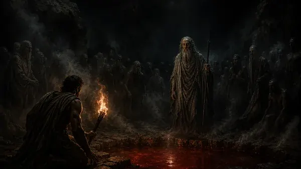 Tiresias the blind prophet of Thebes meets Odysseus in the Greek underworld, surrounded by the shades of the dead