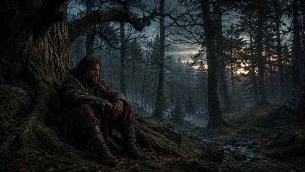The real Merlin, Myrddin Wyllt, beneath an ancient tree in the Caledonian Forest, figure behind the wizard of King Arthur's court