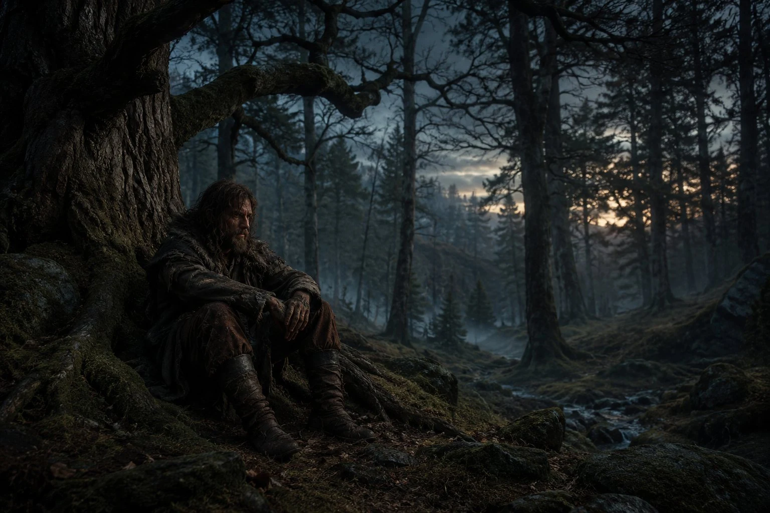 The real Merlin, Myrddin Wyllt, beneath an ancient tree in the Caledonian Forest, figure behind the wizard of King Arthur's court