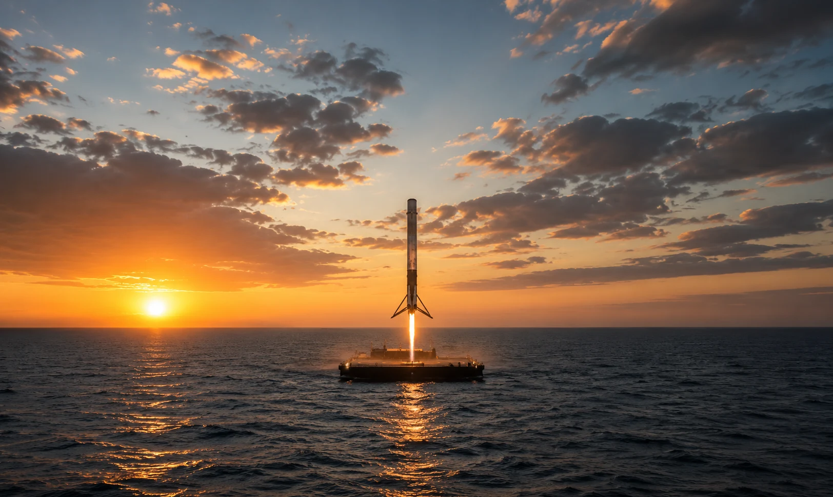 Reusable rocket booster landing on a droneship at sea, illustrating why reusable rockets are important to space travel