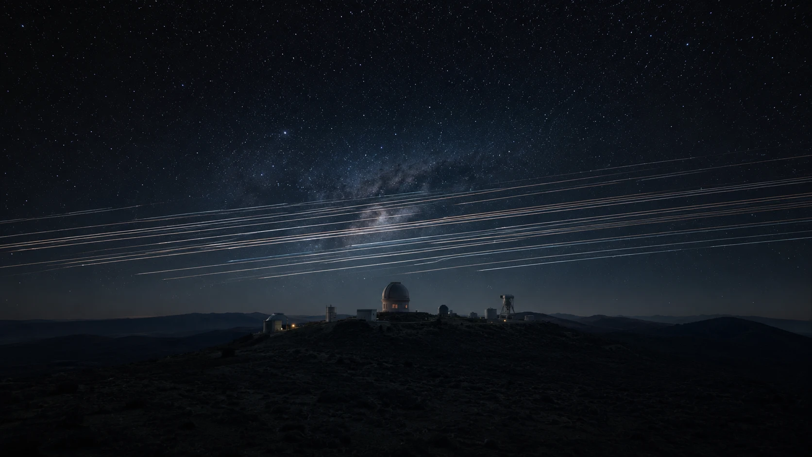 Bright Starlink satellite trails crossing the night sky above a remote astronomical observatory, with the Milky Way arcing faintly behind