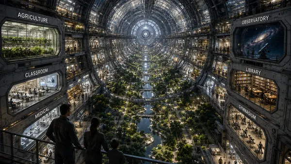 Cross-section of a generation ship achieving interstellar travel, with agriculture, medical and observatory decks
